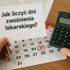 Ręce trzymają kartkę z napisem "Jak liczyć dni zwolnienia lekarskiego?", obok kalendarza z zaznaczonym 21 dniem i kalkulatora.