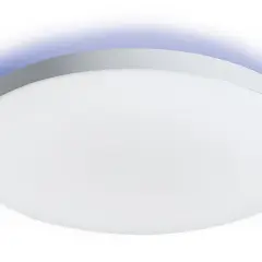 Luminaria redonda blanca con luz azul tenue en el borde, como un plafon estrella.