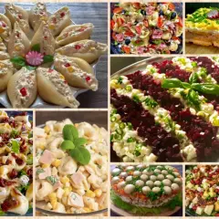 Kolekcja 4 wypróbowane sałatki: muszle faszerowane, tortellini z suszonymi pomidorami, makaron z szynką i kukurydzą, sałatka z buraków i jajka.