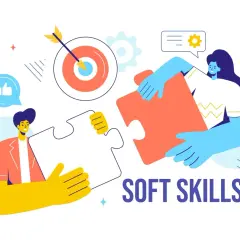 Zwei Personen fügen Puzzleteile zusammen, um das Konzept der Soft Skills zu veranschaulichen. Ein Daumen-hoch-Symbol und ein Zielscheiben-Symbol sind ebenfalls zu sehen.