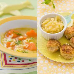 Delicioso desayuno para bebé de 1 año: sopa de letras y zanahoria, y albóndigas con puré de manzana.