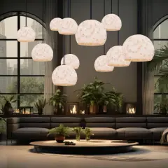 A luxurious biophilic interior with lush plants, a large sectional sofa, and a cluster of unique pendant lights.