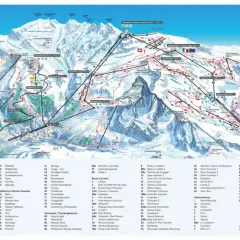 Mapa tras narciarskich z widokiem na Matterhorn od strony włoskiej. Obejmuje trasy, wyciągi i punkty widokowe.