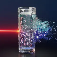 Ein Wasserglas, das von einem roten Laserstrahl getroffen wird und sich in Wassermoleküle auflöst. Die Chemie des Wassers wird sichtbar.