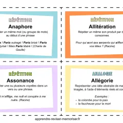Qu'est-ce qu'une figure de style ? Cette image explique l'anaphore, l'allitération, l'assonance et l'allégorie, des procédés littéraires.