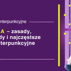Kobieta z książką na tle fioletowo-fioletowego gradientu z żółtymi kwadratami i tekstem "KROPKA".