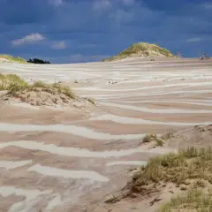 Wydmy Łeba, piaszczysty krajobraz z trawą i chmurami na niebie.