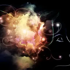 Kopfprofil mit wirbelnden, farbigen Wolken, die Gedanken und Ideen symbolisieren. Ein Gefühl von Brain Fog Deutsch, wenn die Gedanken unklar sind.