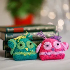 Due gufi all'uncinetto, uno verde e uno rosa, seduti davanti a libri antichi. Un dolce schema per creare questi simpatici amici.