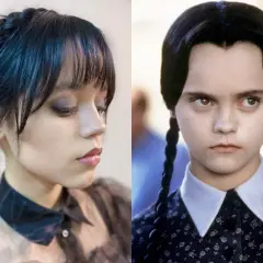 Dwie wersje ikonicznej fryzury Wednesday Addams: nowoczesna stylizacja z warkoczem i klasyczna peruka z dwoma warkoczami.