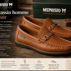 Mocassins homme Mephisto en cuir marron, avec une semelle en cuir souple et une semelle intérieure Soft-Air pour un confort optimal.