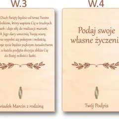 Drewniane kartki z życzeniami na bierzmowanie. Jedna zawiera błogosławieństwo od świadka Marcina, druga miejsce na własne życzenia.