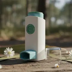 Inhalator z budezonidem na drewnianym stole, otoczony listkami i kwiatami.