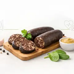 Kaszanka na desce z musztardą i ziołami. Czy kaszanka jest zdrowa? Zależy od składników i sposobu przygotowania.