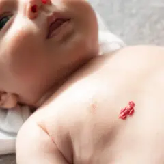 Naczyniak u noworodka na klatce piersiowej. Czerwona, wypukła zmiana skórna.
