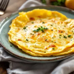 Une belle omelette dorée, garnie de persil frais, servie sur une assiette bleue.