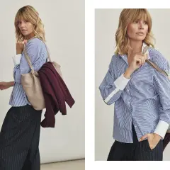 Eleganckie stylizacje: luźna koszula w paski i sweter w bordowym kolorze, zestawione z czarnymi spodniami w prążki.