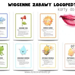 Karty do druku z wiosennymi zabawami logopedycznymi. Wśród nich: żabie skoki, deszczowe kropelki, bzycząca pszczoła, motylkowe języki i inne ćwiczenia artykulacyjne.