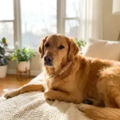 Un beau golden retriever se repose sur un canapé, baigné de soleil. Un avis sur Vectra 3D pour chien ? Ce toutou semble en pleine forme !