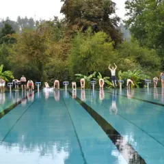 Menschen starten einen Wettkampf im untergruppenbach freibad. Einige springen von den Startblöcken, andere warten.