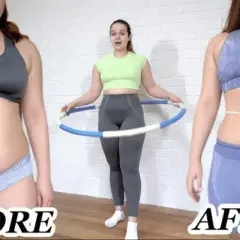 Przed i po: efekty hula hop po 2 tygodniach. Kobieta mierzy talię po ćwiczeniach z hula hop.