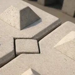 Betonowe pustaki zalewowe z charakterystycznymi stożkami i wgłębieniem, gotowe do budowy solidnej konstrukcji.