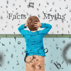 Jongen met handen in het haar, omringd door zwevende letters. Boven hem staat 'Facts' en 'Myths', wat de uitdaging van wat is begrijpend lezen illustreert.