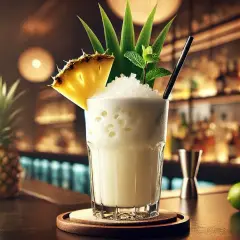 Orzeźwiający drink coco loco z ananasem i miętą, podany w szklance z lodem, na tle barze z ananasami.