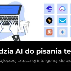 Ręce piszą na laptopie, obok notatnik. Ikony narzędzi AI do pisania tekstów. Znajdź swój program do pisania za darmo.