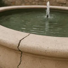 Bassin de fontaine en pierre avec une fissure visible. Une question se pose : comment étancheifier un bassin pour éviter les fuites ?