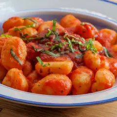 Pyszne gnocchi z sosem pomidorowym i świeżą bazylią, podane w białej misce z niebieskim rantem.