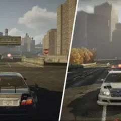 Dwa ujęcia z gry NFS Most Wanted Remake: z lewej BMW M3 z tyłu, z prawej z przodu. Miasto, drogi, pościg.