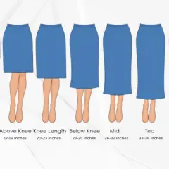 Illustration showing various skirt hem types, from micro mini to full length, with corresponding measurements.