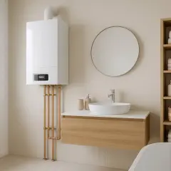 Nowoczesny piec gazowy wiszący w łazience, idealny do ogrzewania domu 200m2. Obok umywalka, lustro i regał z ręcznikami.