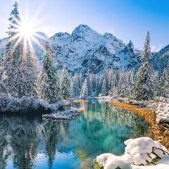 Morskie Oko zimą, otoczone ośnieżonymi świerkami i górami, odbija się w turkusowej tafli wody. Słońce przebija się przez drzewa, tworząc promienie.