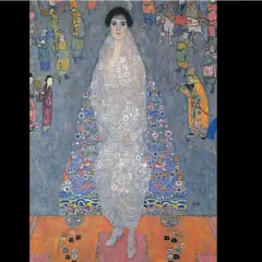 Portret kobiety w bogato zdobionej sukni, na tle sceny z postaciami w orientalnych strojach. Ciekawe fakty o Gustavie Klimcie i jego dziełach.