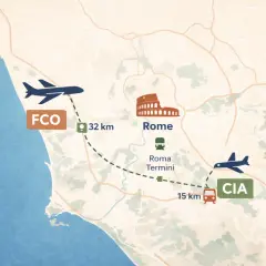 Mapa pokazuje połączenie lotniska FCO z Rzymem (32 km) i lotniska CIA z Rzymem (15 km).