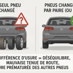 Illustration montrant qu'il ne faut pas changer un seul pneu. Le changement par paire (ou 4) assure l'équilibre et la sécurité.