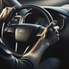 Mani sul volante, il conducente si chiede quanto tempo ho per fare la revisione prima di partire per il lungo viaggio.