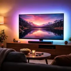 Relaks w salonie przy kinowym obrazie. Telewizor podświetlany z tyłu tworzy nastrojową atmosferę, a na stoliku czeka popcorn i świeca.