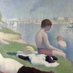 Letni dzień nad rzeką, ludzie odpoczywają na trawie i w wodzie. Charakterystyczne dla **Georges Seurat dzieła** malowanie punktami.