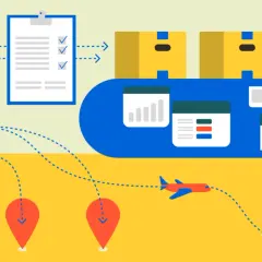 Logistikprozess: Lager, LKW, Flugzeug und Kartenmarkierungen zeigen den Weg des Versenders.