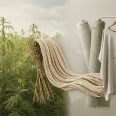Champ de chanvre, bottes de paille, rouleaux de tissu et vêtements en fibre de chanvre, montrant le cycle de la matière première au produit fini.