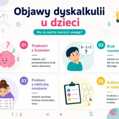 Objawy dyskalkulii u dzieci: trudności z liczeniem, brak rozumienia działań, problem z tabliczką mnożenia, gubienie się w zadaniach.