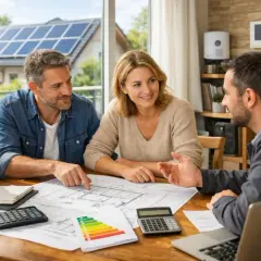 Une famille discute d'un projet de rénovation avec un conseiller. Ils examinent des plans et des calculs, visant un **prêt vert** pour des travaux écologiques.