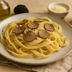 Tagliatelle z tartą truflą i parmezanem, pachnące oliwą z oliwek. Pyszny makaron z truflami.