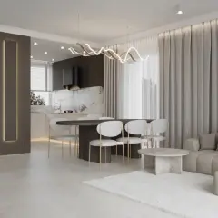 Nowoczesne wnętrze z jadalnią i salonem, designerskie meble i oświetlenie.