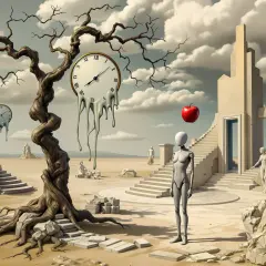 Płynące zegary, nagie posągi i czerwone jabłko unoszące się w powietrzu to cechy surrealizmu w malarstwie. Pustynny krajobraz z dziwnymi budowlami i martwym drzewem.