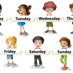 Bambini sorridenti mostrano cartelli con i giorni della settimana in inglese: Monday, Tuesday, Wednesday, Thursday, Friday, Saturday, Sunday.