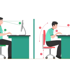 Ilustracja porównująca prawidłową i nieprawidłową postawę przy biurku, z zaznaczonymi elementami ergonomii.